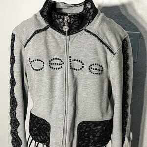 Bebe Heather Gray Lace-Trim Zip-Up Jacket – Women’s Size Medium